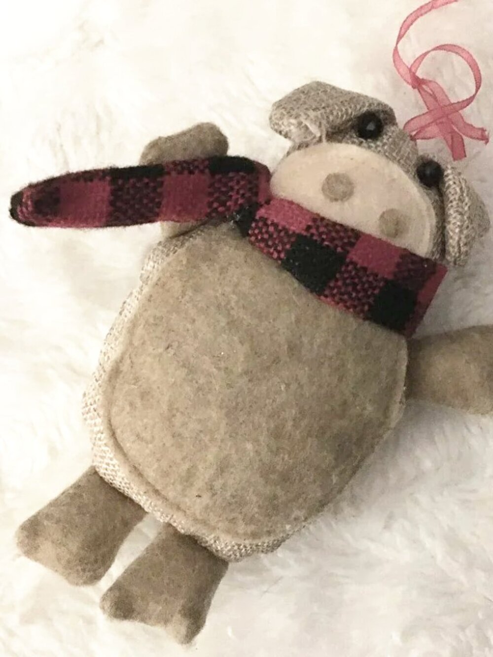 Handmade Felted Wool & Burlap Pig Christmas Ornament Cottagecore